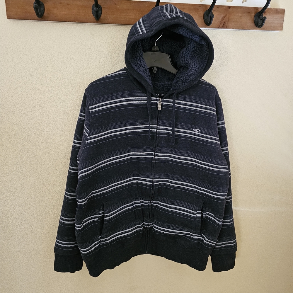 O'NEILL Men's Sherpa-Lined Gray Striped  Zip-Up Hoodie - Picture 2 of 8